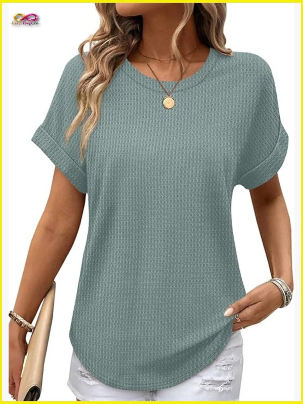 Waffle Knit Short Sleeve Crew Neck Top Curved Hem Loose Fit Summer Tee